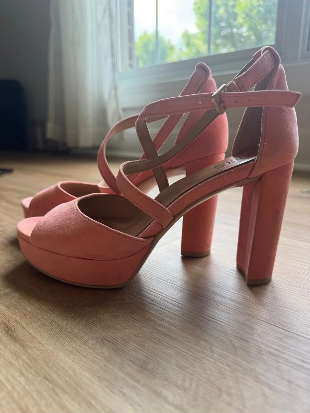 Naturalizer Coral Pink Suede Platform Block Heel Sandals